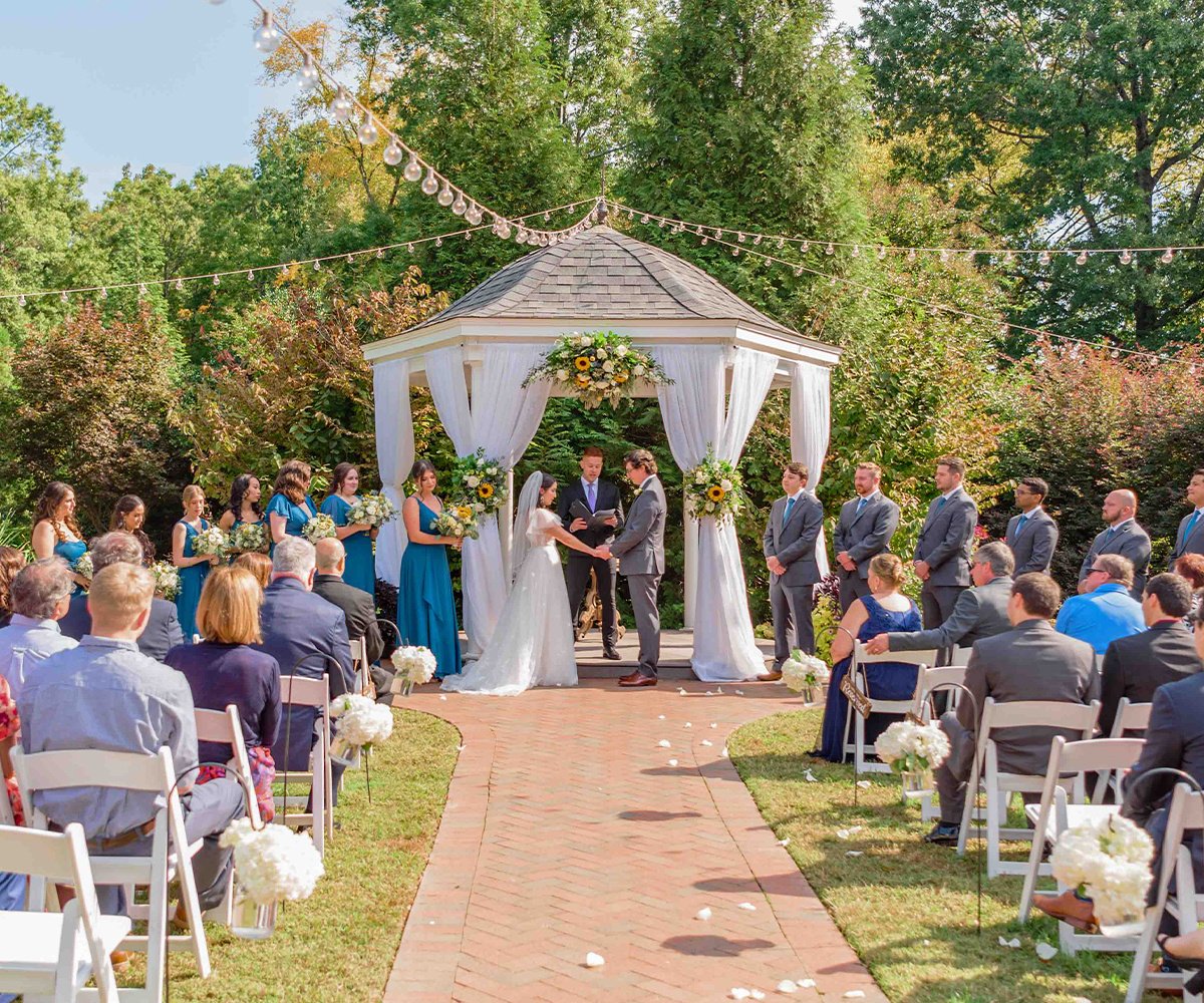Outdoor gazebo wedding ceremony at Alexander Homestead in Charlotte NC with white draped pavilion (2)