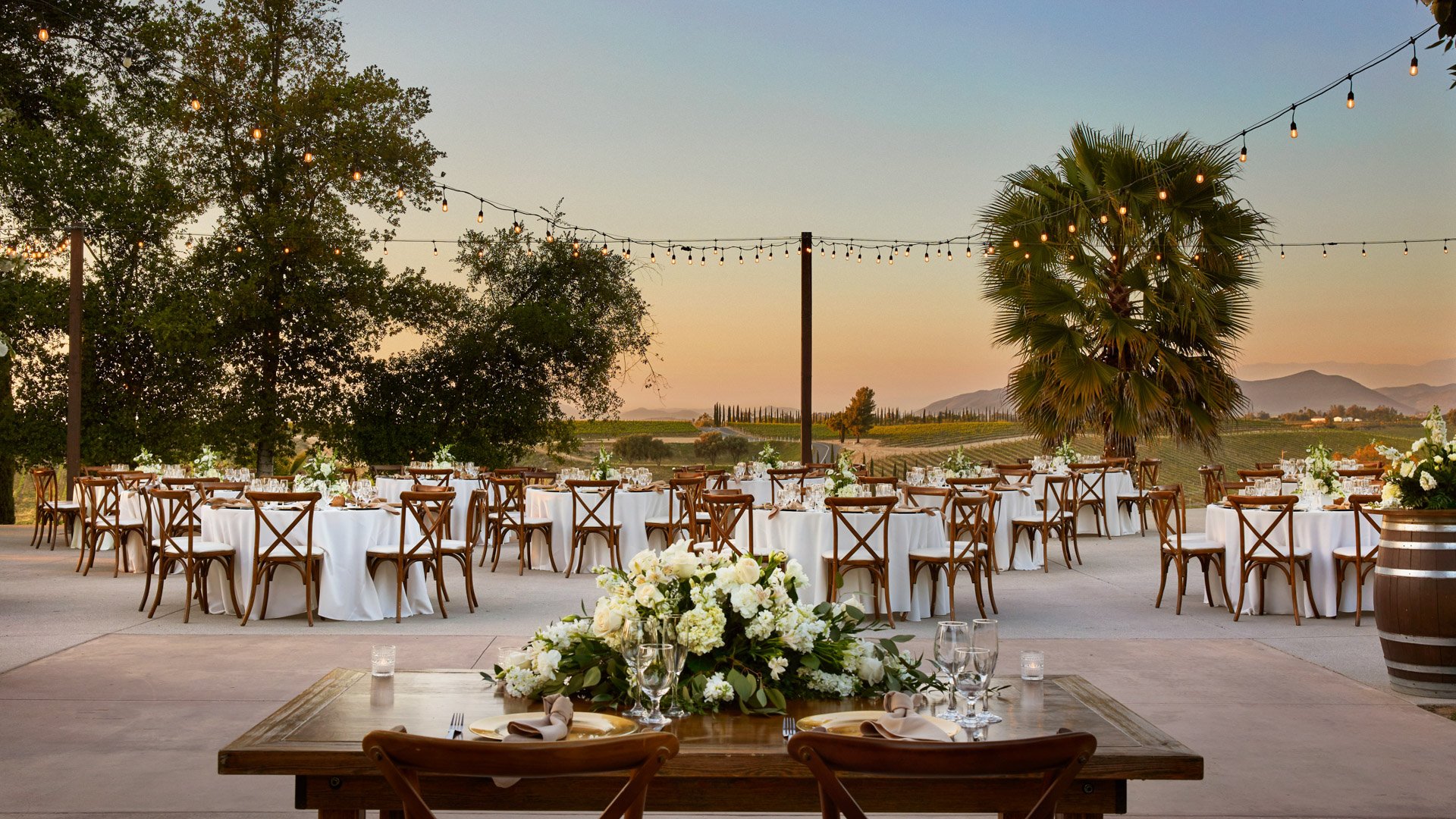 Wedding reception courtyard at Bel Vino Winery with vineyard views, sunset sky, and rustic cross-back chairs.