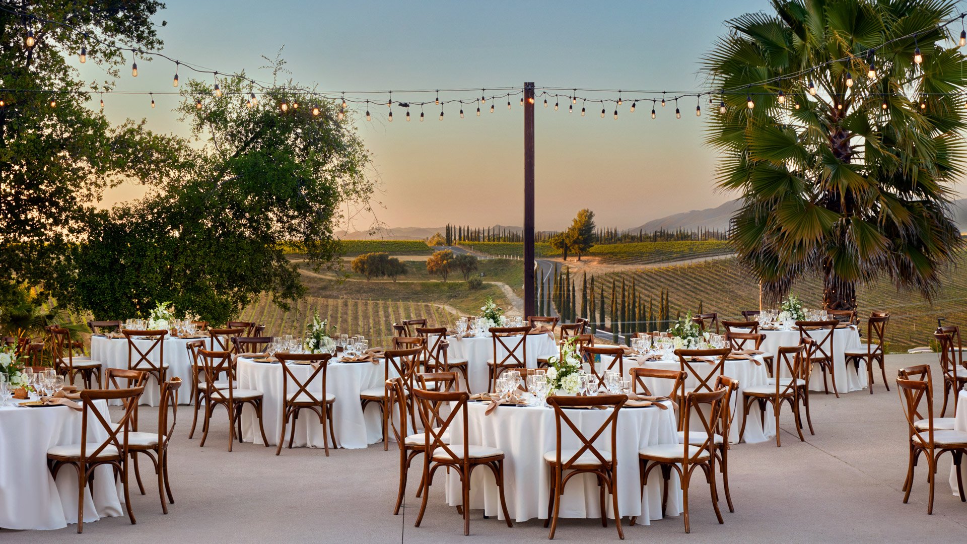 Outdoor reception at Bel Vino Winery with round tables, cross-back chairs, string lights, and sunset vineyard views.