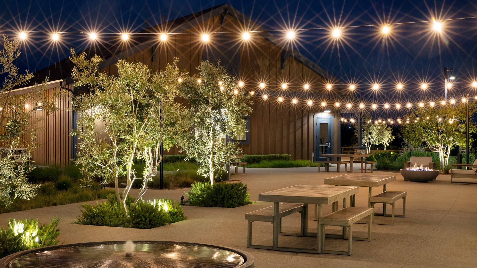 Outdoor patio illuminated by glowing string lights and firepits with wooden benches and landscaped trees at Canopy Grove in Escondido, CA.
