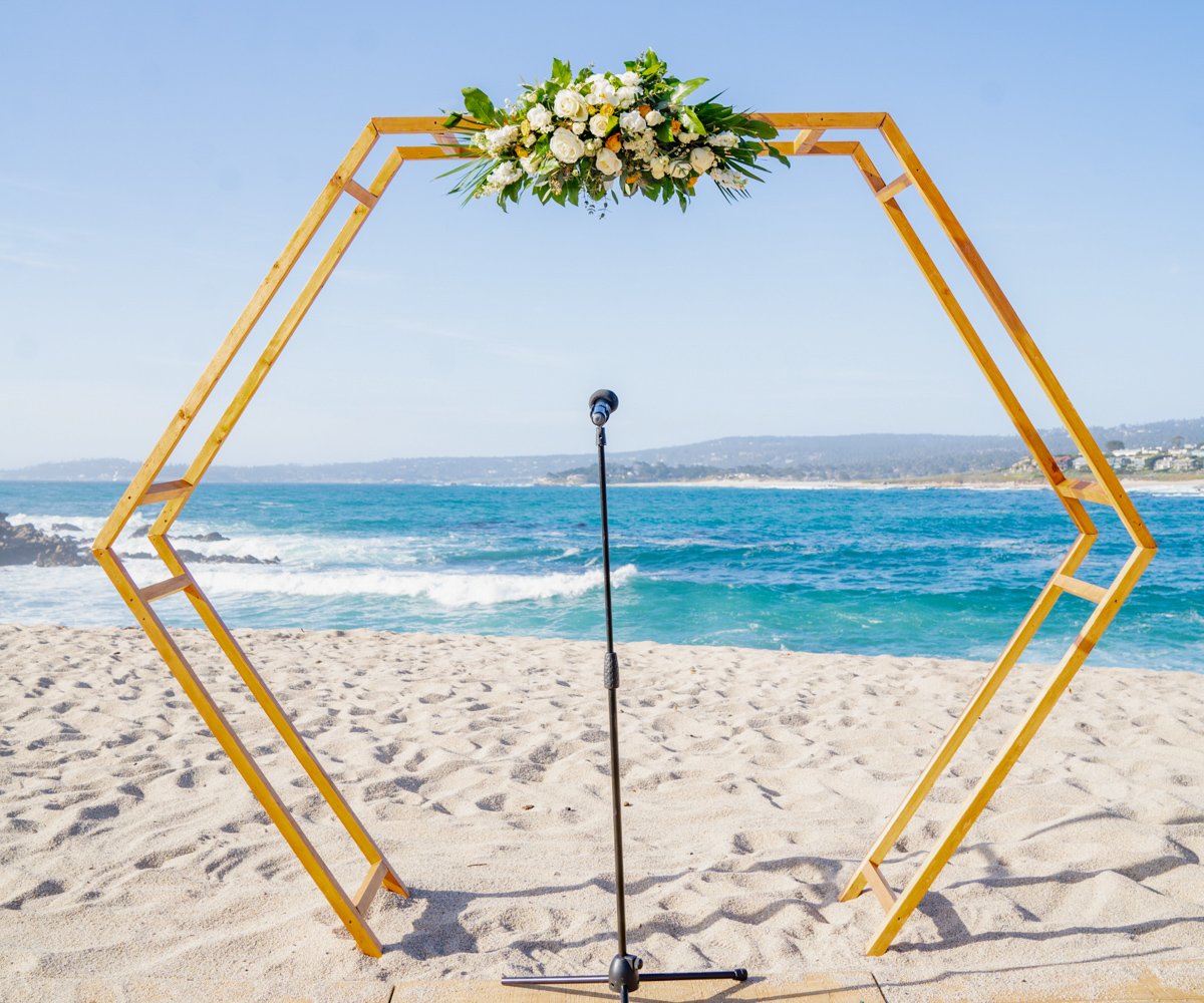 Geometric wood arbor on beach - Carmel Fields by Wedgewood Weddings