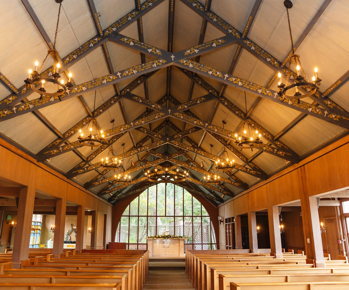 Intricate exposed wood beams in historic San Francisco church - Chapel of Our Lady at the Presidio - Wedgewood Weddings - 2