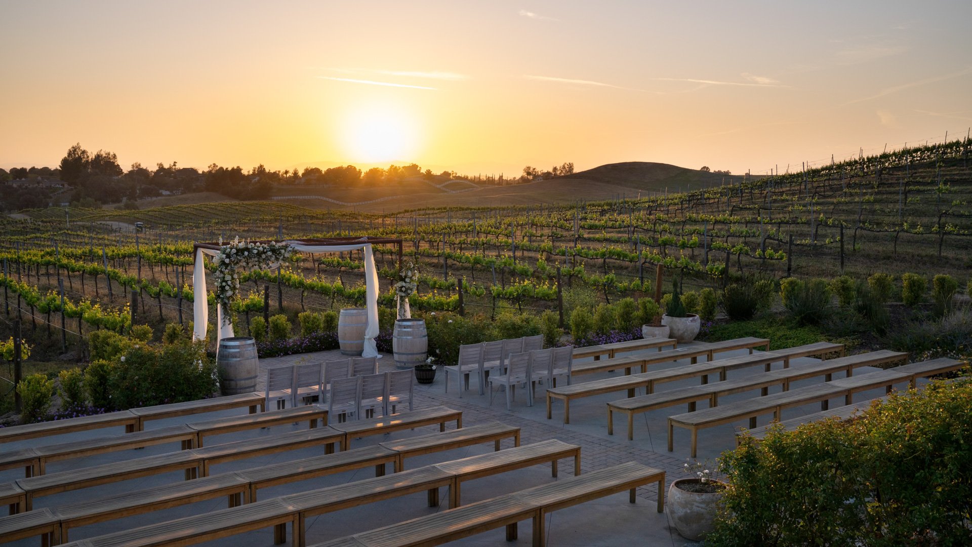Vineyard wedding ceremony at Danza del Sol Winery in Temecula, CA, with rustic benches, floral arch, and glowing sunset over the vineyards.