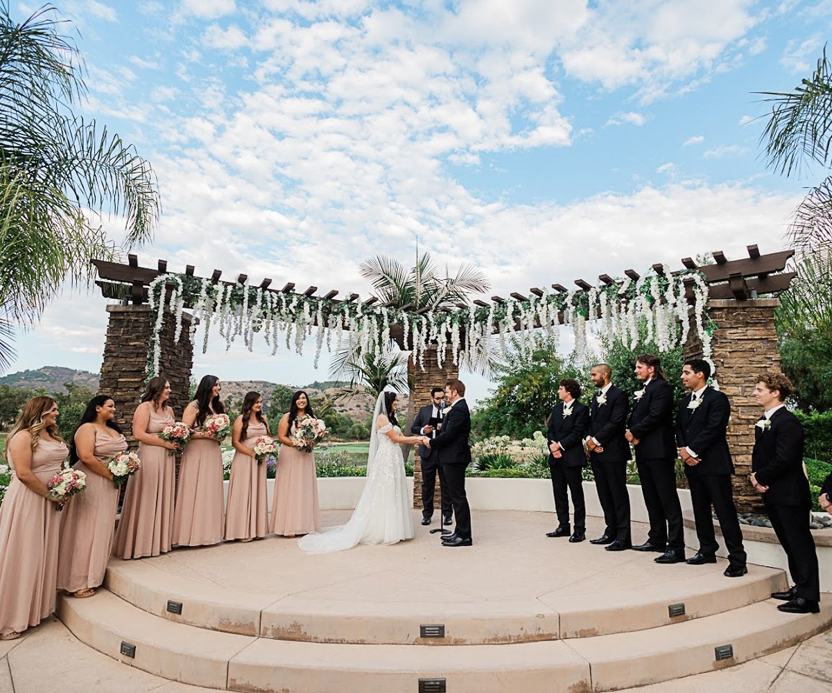 Lake view ceremony arch with wedding party - Fallbrook Estate by Wedgewood Weddings