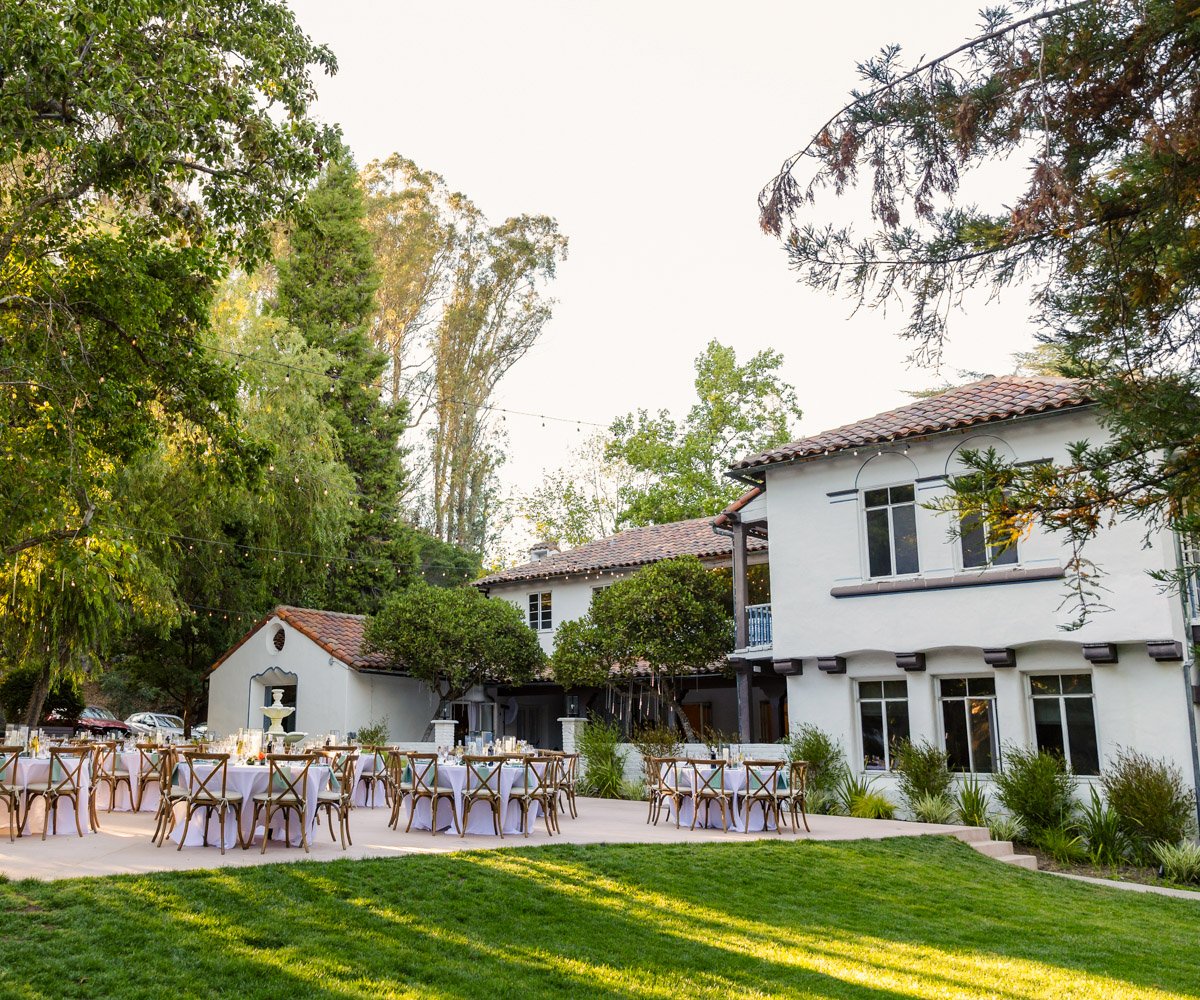 Main house with courtyard reception under bistro lights - Moraga, CA - Hacienda de las Flores by Wedgewood Weddings - 6