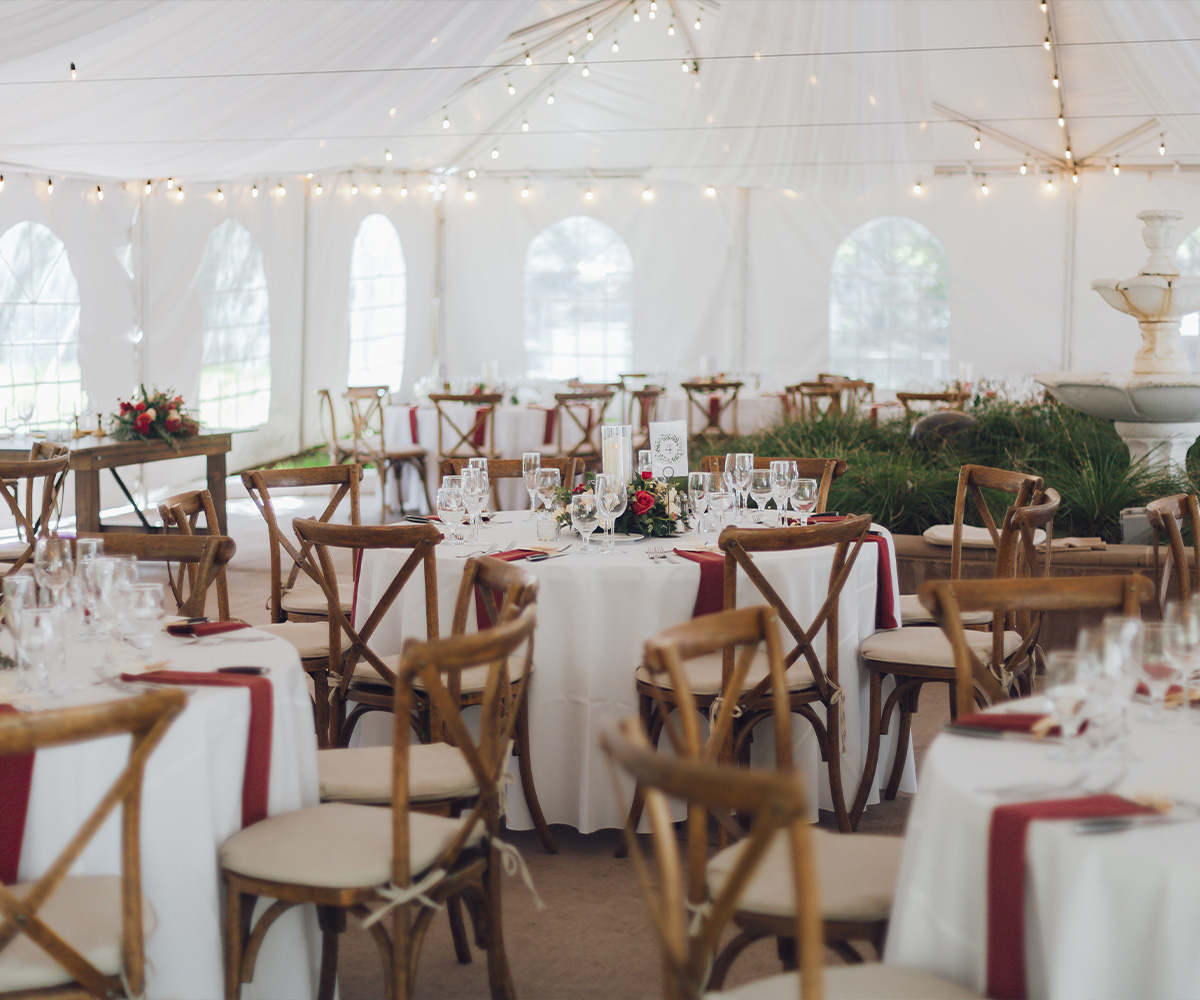 White and burgundy reception in pavilion - Hacienda de las Flores by Wedgewood Weddings