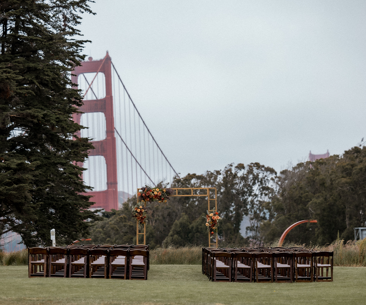 Ceremony with golden gate background- Log Cabin by Wedgewood Weddings