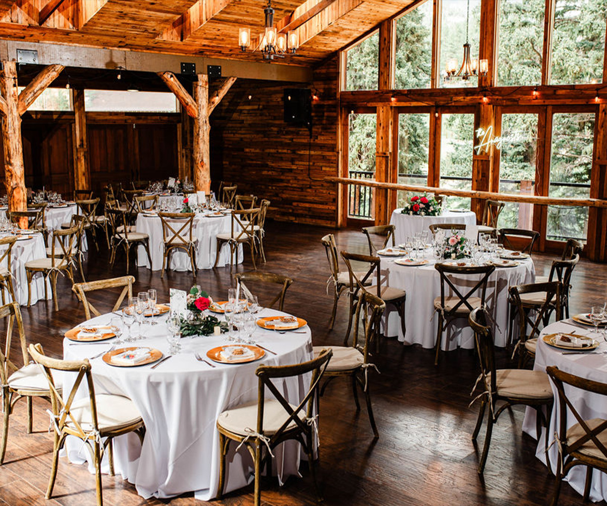 Reception set up, white with neon sign - Willows at Mountain View Ranch by Wedgewood Weddings