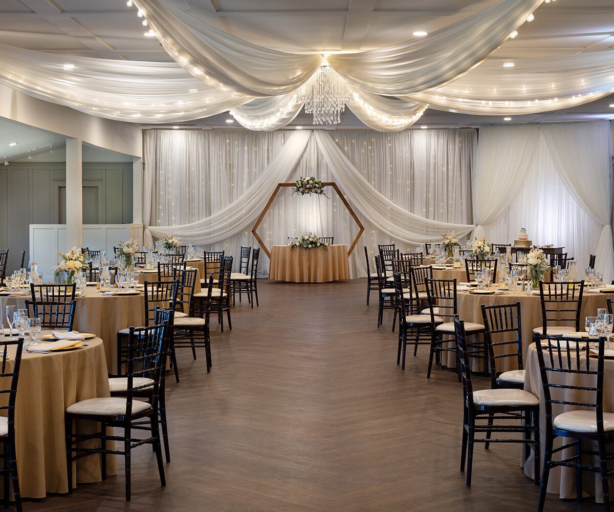 San Ramon Waters Ballroom with Draped Ceiling  Luxury Wedding Reception Venue with Garden Views  Modern Wedding Venue East Bay CA-1