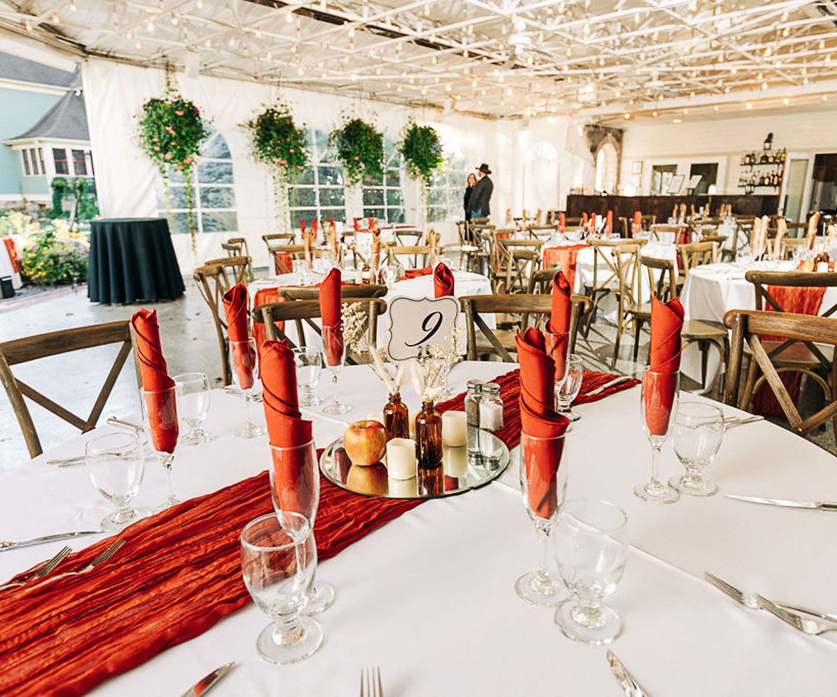 Pavilion reception with fall tablescape - Tapestry House by Wedgewood Weddings
