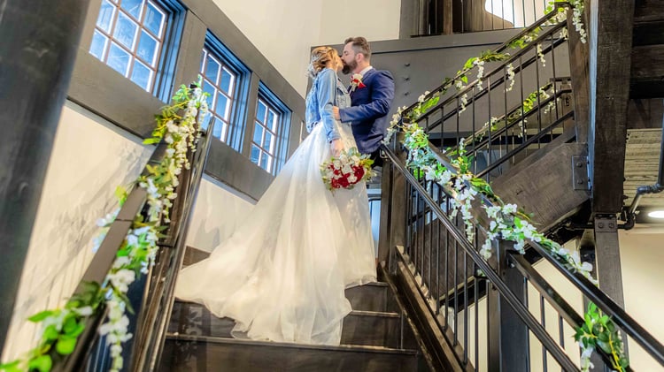 Bride & Groom Kiss On The Industrial Staircase - Aaron & Lynnea's Wedding