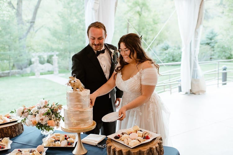 Pour le dessert, les jeunes mariés et leurs invités ont dégusté des macarons sucrés, des tartes aux fruits et un gâteau scintillant à deux niveaux de Button Rock Bakery avec le plus mignon gâteau de dinosaure.