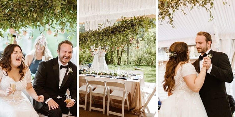 After the ceremony, guests retreated to the cocktail patio and lawn for some festive games and conversation. The indoor/outdoor covered tented reception space was decked out with coordinating florals, a mixture of round and farmhouse tables, with blue linens and a bit of sparkle.