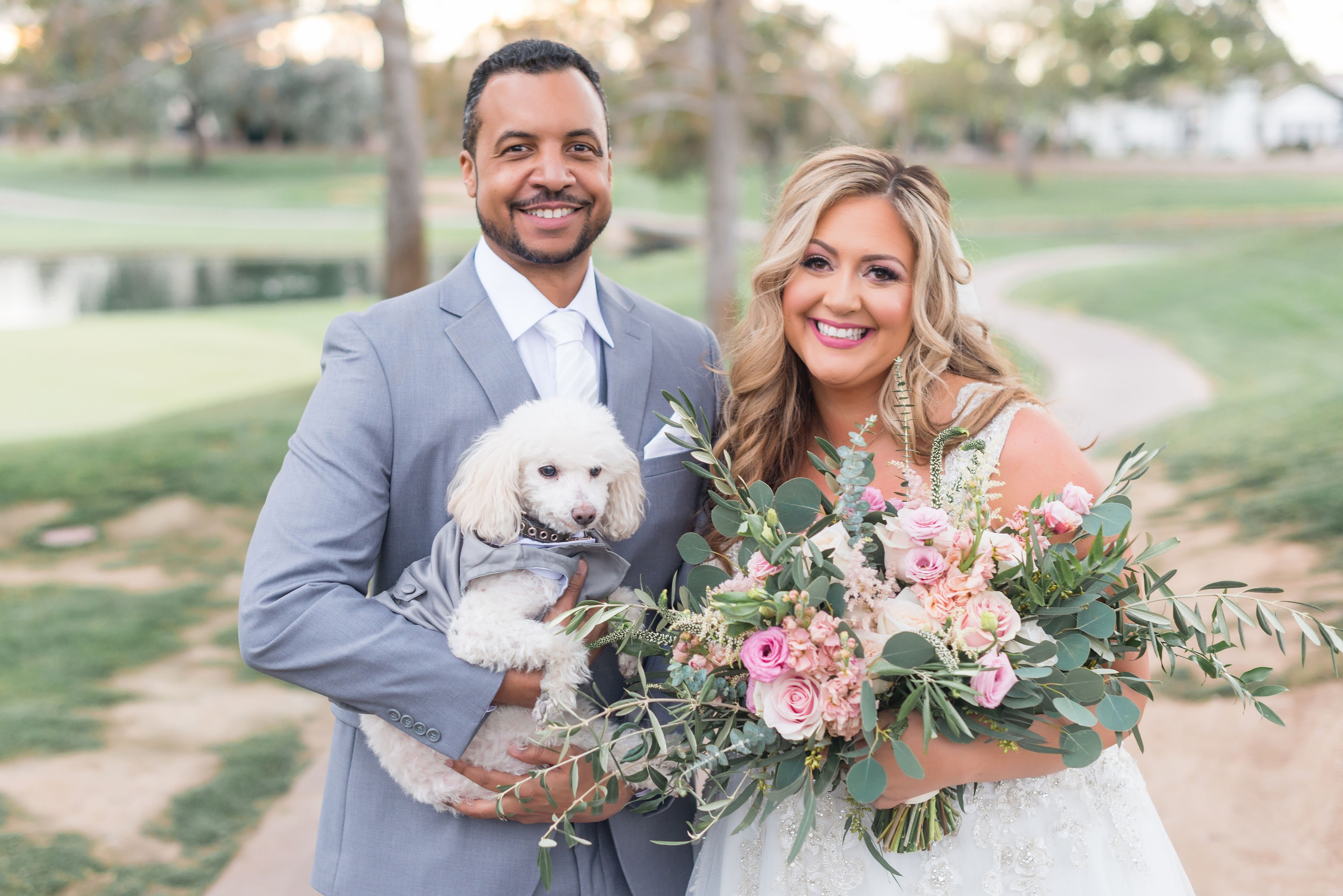 Ryan & Denise With White Poodle | Ocotillo Oasis Weddings