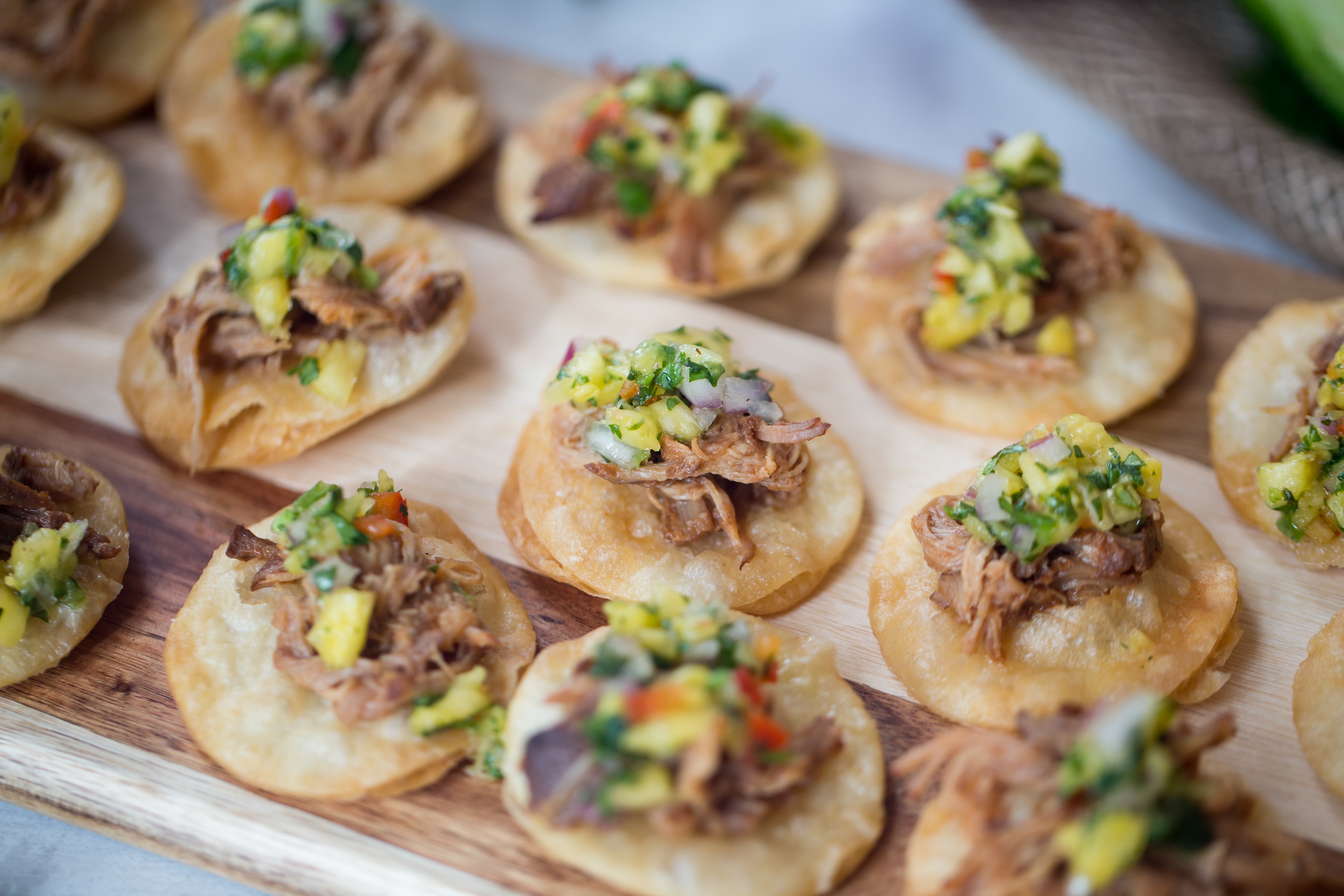 Pulled pork canapes with pineapple salsa
