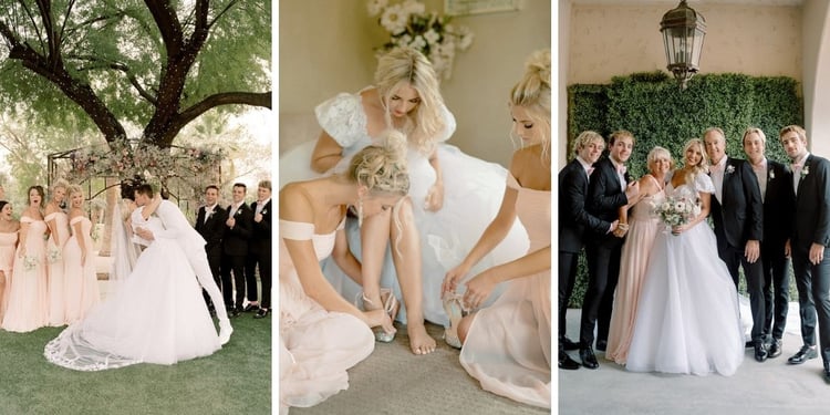 À quel point cette fête de mariage est-elle fringante?  Les robes de couleur blush s'accordent parfaitement avec les smokings noirs et blancs et les chaussettes roses assorties.