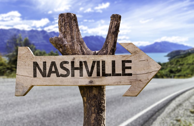 Nashville wooden sign with a street on background