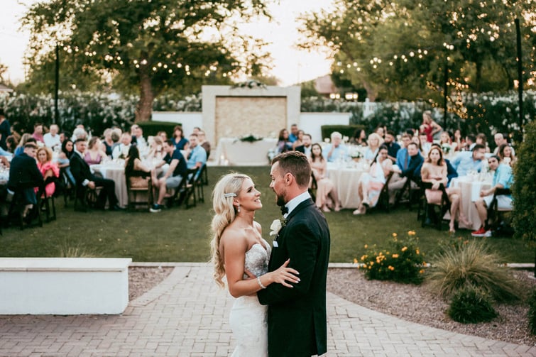 bride and groom first dance, outdoor reception at Lindsay Grove