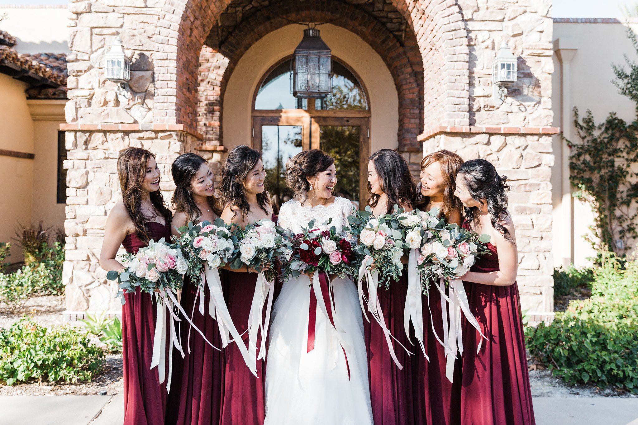 maroon fall bridesmaid dresses at Aliso Viejo by Wedgewood Weddings