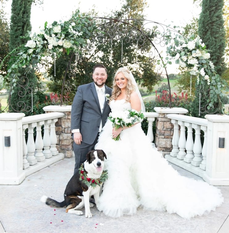 bride and groom pose with their dog at Vellano Estate