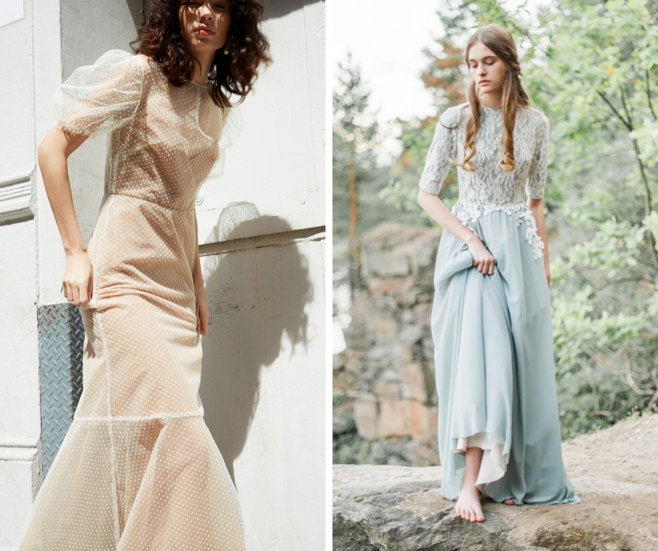 buff and green wedding dresses