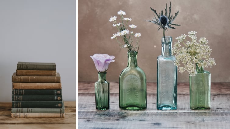 upcycle bottles and books for vintage wedding centerpieces