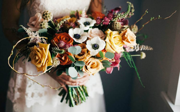 Bridal Bouquet With Roses, White Anemones & Blue Thistle
