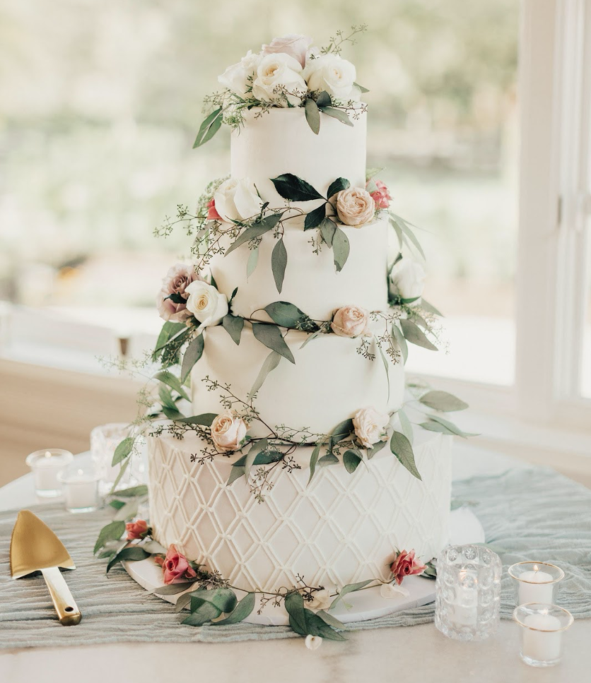 White Tiered Wedding Cake With Roses - Cute Cake Bakery