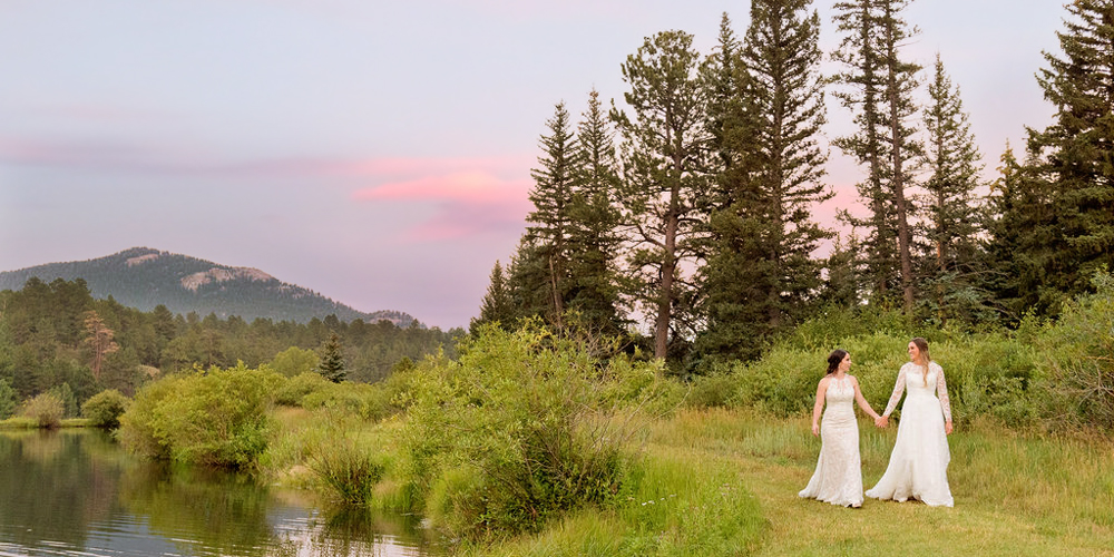 Two brides by the lake at Mountain View Ranch