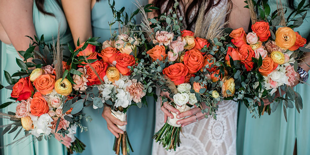 Red, Orange & Blue Gray Autumn Wedding Bouquet - Dried Flowers Forever