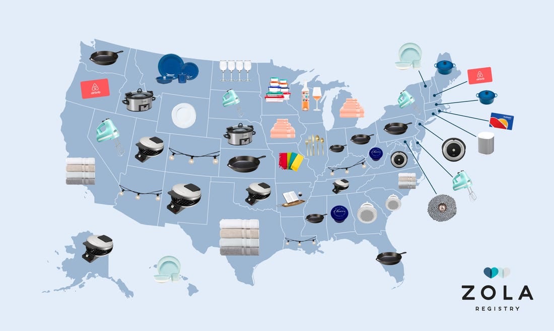 United States Map - Zola Most Popular Registry Gifts by State - Wedgewood Weddings