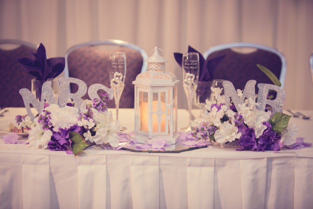 purple wedding color scheme mr & mrs table