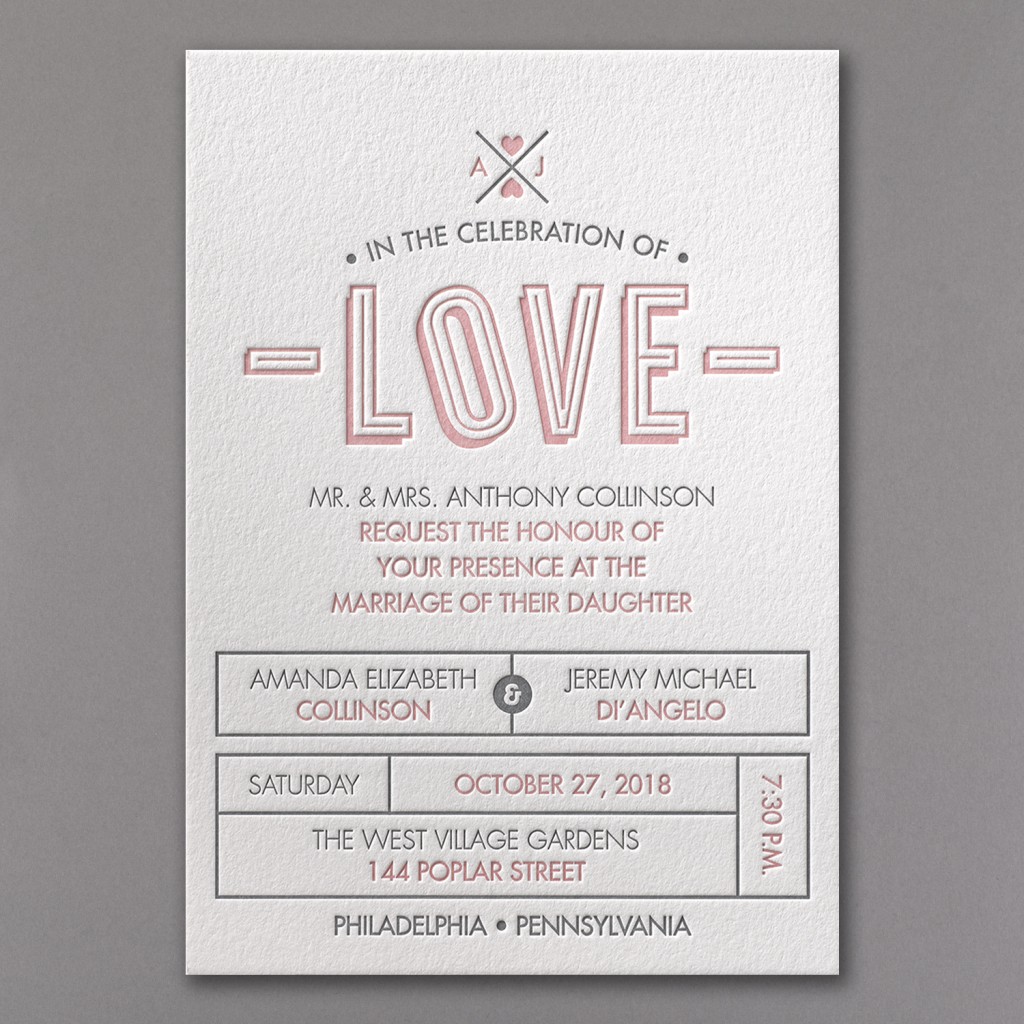 pink gray and white wedding invitation