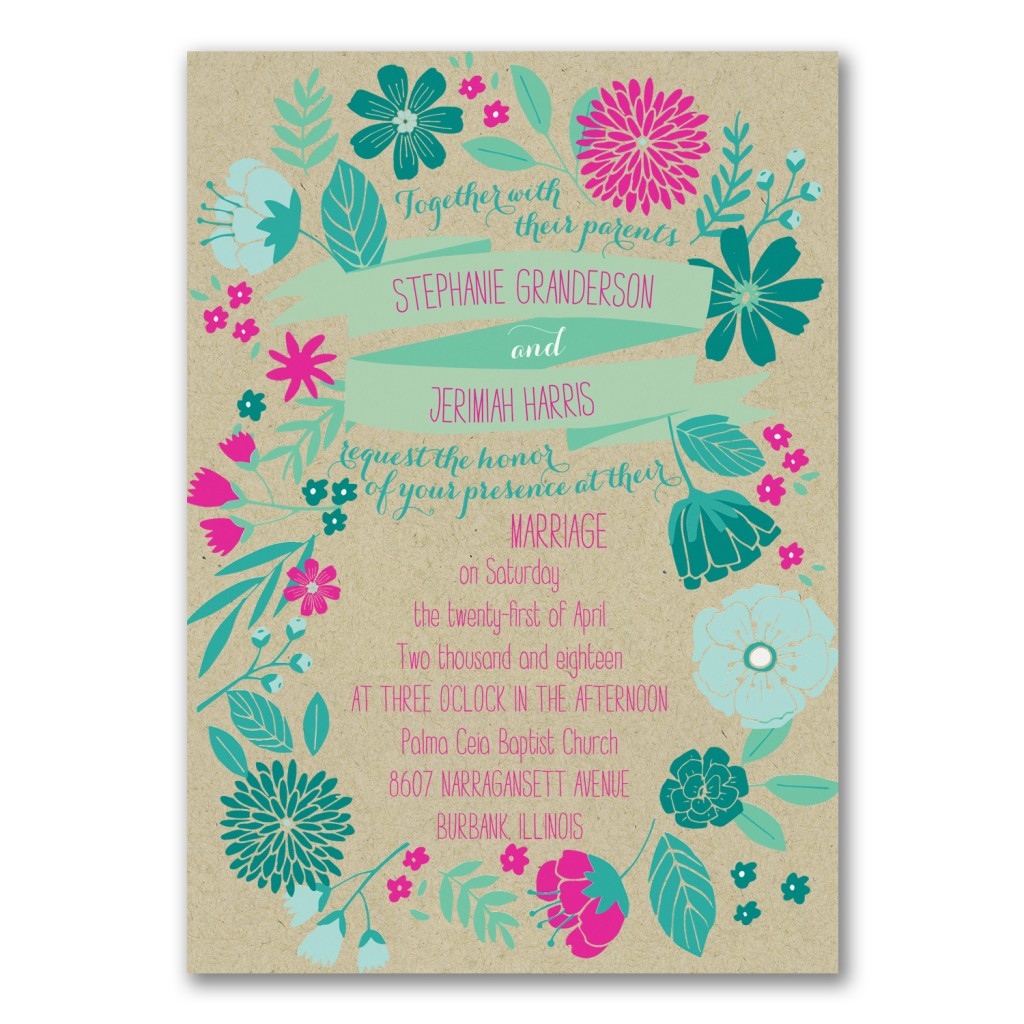 pink and teal floral wedding invitation