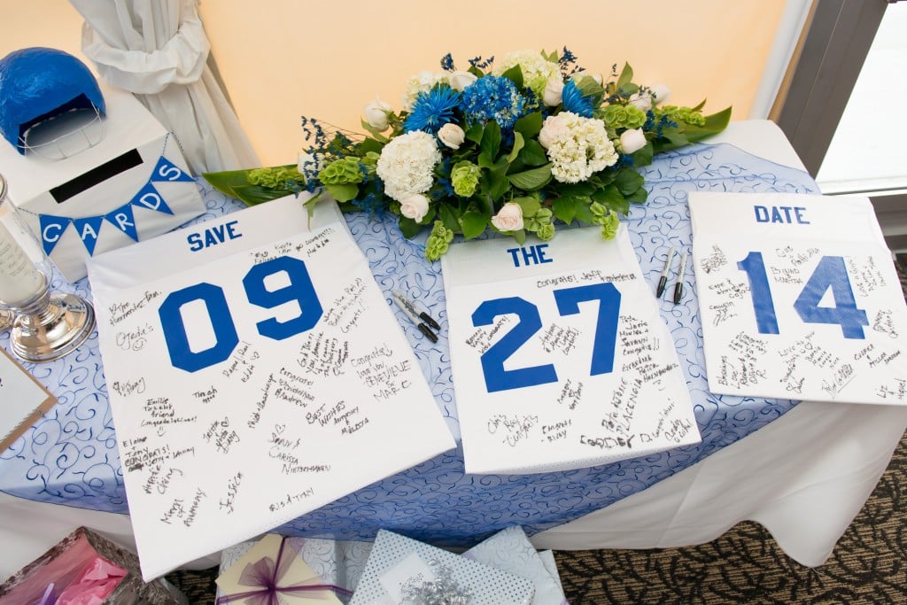 sports themed wedding gift table and wedding guest book 