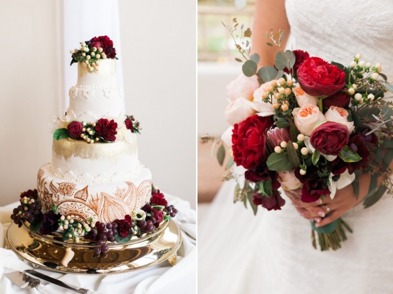 beautiful wedding cake with red floral and red bouquet of flowers