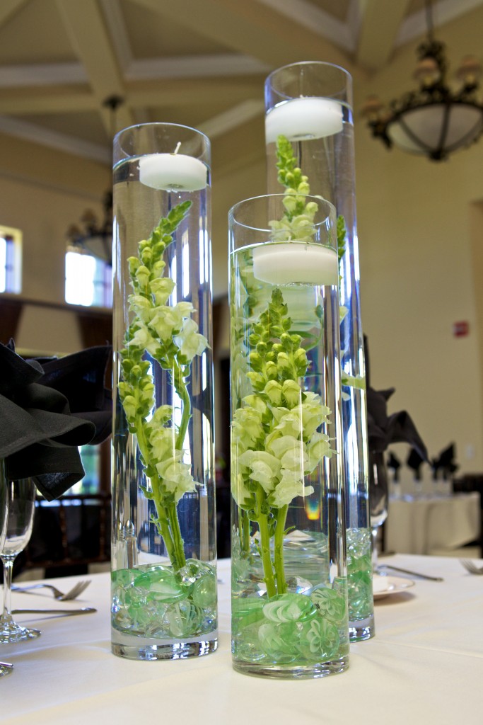wedding reception centerpiece of floating candles