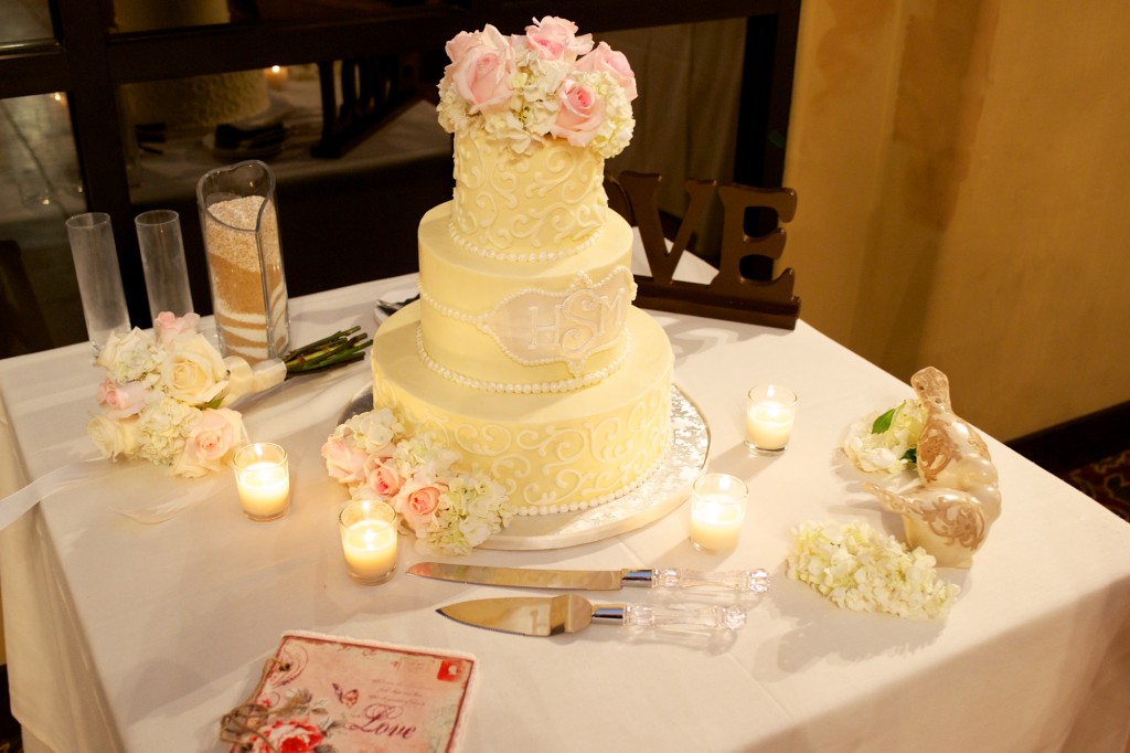 yellow and pink wedding cake at Wedgewood Weddings